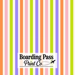 May include: A repeating vertical striped pattern featuring alternating colors of bright orange, lime green, light purple, and soft pink on a white background. Centered at the bottom is a white rectangular label with the text Boarding Pass Print Co.