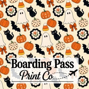 Halloween Coquette Seamless Pattern | Girly Scalloped Cottagecore Pumpkin Repeating File | Floral Bows Cat Bat Ghost Spooky Digital Design