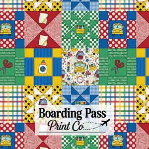 Colorful School Patchwork Quilt Seamless Pattern For Fabric Printing | Bus Pencil Paint Crayons Backpack Supplies Repeating File | Red Blue