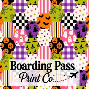 Halloween Patchwork Hexagon Seamless Pattern For Fabric | Girl pumpkin witch ghost Repeat File  | Jack o Lantern Pink Ghost Preppy Design