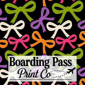 May include: A black background featuring a repeating pattern of hand-drawn style bows in lime green, purple, cream, and bright pink. A white rectangular overlay displays the black text Boarding Pass Print Co with a dashed flight path icon.