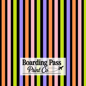 May include: A repeating vertical striped pattern featuring alternating colors of bright orange, light pink, lime green, purple, and black. A white rectangular overlay in the center displays the black text Boarding Pass Print Co.