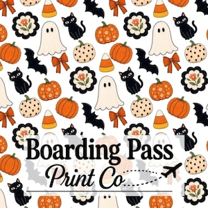 Halloween Coquette Seamless Pattern | Girly Scalloped Cottagecore Pumpkin Repeating File | Floral Bows Cat Bat Ghost Spooky Digital Design