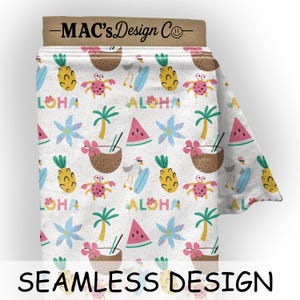 May include: A roll of fabric with a tropical pattern featuring pineapples, crabs, coconuts, and surfboards on a white background. The fabric includes the words "Aloha" and "Loha" in a colorful design. The text "Mac's Design Co" is at the top.