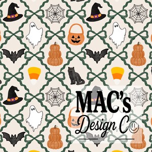 May include: A repeating pattern on a cream background featuring Halloween icons including black witch hats, white ghosts, orange jack-o'-lantern buckets, black bats, spider webs, orange pumpkins, and candy corn, all framed by dark green bows. Text reads MAC's Design Co.