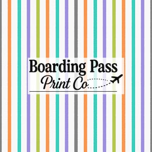 May include: A repeating pattern of vertical stripes in orange, teal, light purple, lime green, and grey on a white background. Centered is a white rectangular label with the black text Boarding Pass Print Co and a small airplane icon.