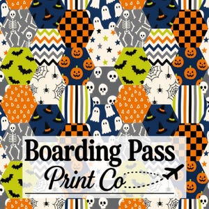 Nahtloses Patchwork-Muster für Halloween-Jungen (Sechseck) | Kürbis-Skelett-Geist-Muster (Wiederholungsdatei) | Geschlechtsneutrales Design mit Kürbislaterne