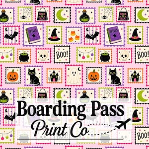 Halloween Girl Stamps Seamless Pattern For Fabric Printing | Preppy Trendy Trick Or Treat Frames Repeating Design Pink | Cute Bat Cat Ghost