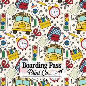 May include: A repeating pattern featuring school-themed illustrations including yellow school buses, red alarm clocks, blue and white checkered backpacks, scissors, glue bottles, crayon boxes, and A+ graded papers on a cream background with black stars.