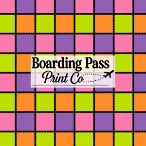 May include: A repeating grid pattern featuring alternating squares of purple, bright pink, lime green, and orange, separated by thin black lines. Centered is a white rectangular label with the black text Boarding Pass Print Co.