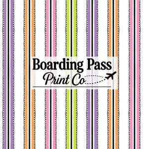 May include: A repeating pattern of vertical stripes in purple, orange, pink, and lime green, separated by thin black scalloped lines. Centered is a white rectangular overlay with the black text Boarding Pass Print Co and a small airplane icon.