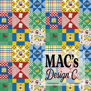 Colorful School Patchwork Quilt Seamless Pattern For Fabric Printing | Bus Pencil Paint Crayons Backpack Supplies Repeating File | Red Blue