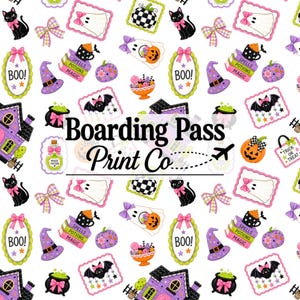 May include: A white fabric pattern featuring Halloween icons including black cats, ghosts with pink bows, purple witch hats, pumpkins, spell books, and cauldrons. The text Boarding Pass Print Co is centered in black with a small airplane icon.