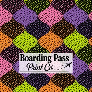 May include: A repeating pattern of curved, tile-like shapes in pink, purple, orange, and lime green, each filled with tiny black stars. A white rectangular overlay features the black text Boarding Pass Print Co. with a dashed flight path icon.