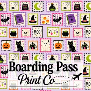 Halloween Girl Stamps Seamless Pattern For Fabric Printing | Preppy Trendy Trick Or Treat Frames Repeating Design Pink | Cute Bat Cat Ghost