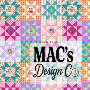 May include: A colorful quilt pattern featuring a grid of star blocks with school-themed icons like backpacks, pencils, scissors, glue, and buses. The text MAC's Design Co is overlaid in black, with a smiley face icon at the end of the text.