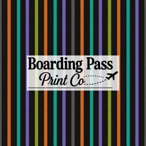 May include: A rectangular graphic featuring a repeating vertical striped pattern in black, orange, lime green, teal, and purple. Centered is a white rectangular overlay with the black text Boarding Pass Print Co and a small airplane icon.