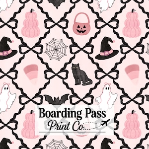 May include: A repeating pattern on a light pink background featuring black wavy diamond lines with black bows at the intersections. Icons include pink pumpkins, jack-o'-lantern buckets, witch hats, spiderwebs, black cats, bats, candy corn, and ghosts. Text reads Boarding Pass Print Co.