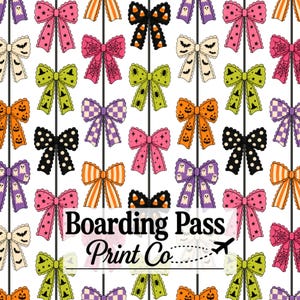 May include: A repeating pattern of various decorative bows on a white background, featuring Halloween-themed motifs like ghosts, bats, spiders, pumpkins, and candy corn in orange, black, pink, purple, and green. Text reads Boarding Pass Print Co.