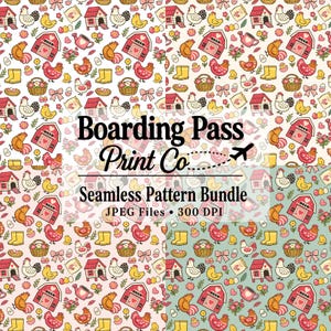 May include: A digital seamless pattern bundle featuring repeating illustrations of chickens, red barns, yellow boots, flower baskets, and eggs. The text Boarding Pass Print Co Seamless Pattern Bundle JPEG Files 300 DPI is centered over the four color variations.
