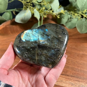 Flashy Labradorite Heart Carving - Large Palm Stone - Crystal Statement Piece - Unique Gift or Decor - Polished Rainbow Natural Rock