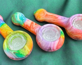 SWIRL Silicone Spoon Pipe *Pink Swirl* with Nine Hole Glass Bowl *Colorful* Ultra Durable *Multicolor* ONE EACH