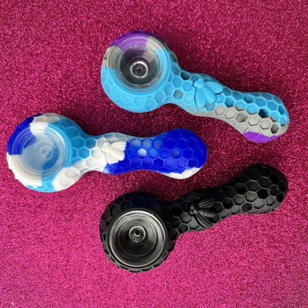 Silicone Pipe with Glass Bowl *Honeycomb* Honeybee *Ultra Durable* Multicolor *ONE EACH*