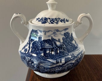 Vintage Ironstone Lidded Sugar Bowl Shakespeare’s Country Blue & White Transferware Tea Party Antique Home Decor Mother’s Day Gift