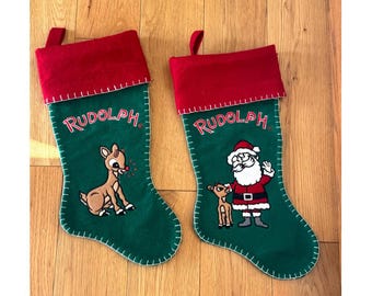Vintage Christmas Stocking Rudolph Reindeer Santa Felt Holiday Home Decor