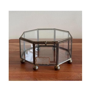 Vintage Brass & Clear Glass Octagon Display Case with Hinged Lid and Rounded Feet Jewelry Box