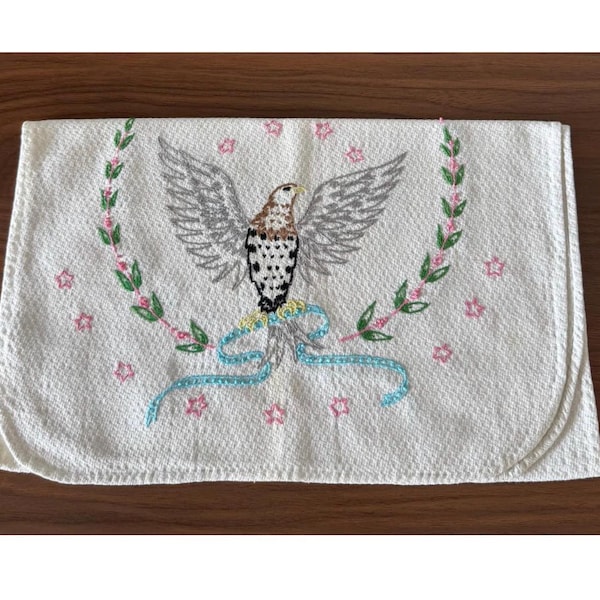 Vintage White Table Runner with a Hand Embroidered Eagle Design Bird with Bow Spring Tableware Linens