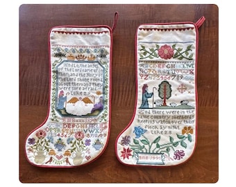 Vintage Handmade Needlepoint Christmas Stocking Cross Stitch English Cottage Farmhouse Holiday Decor Bible Themed