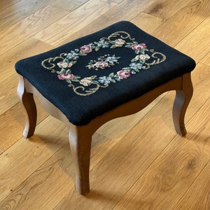 Vintage Stool Needlepoint Wooden Frame Footstool Antique Furniture Black Needlepoint Top w/ Flower Design