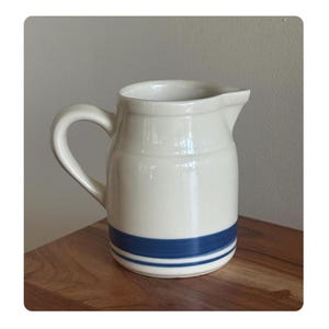 Vintage Friendship Pottery Roseville White Small Pitcher Creamer with Blue Stripes English Cottage Home Decor Flower Vase French Country