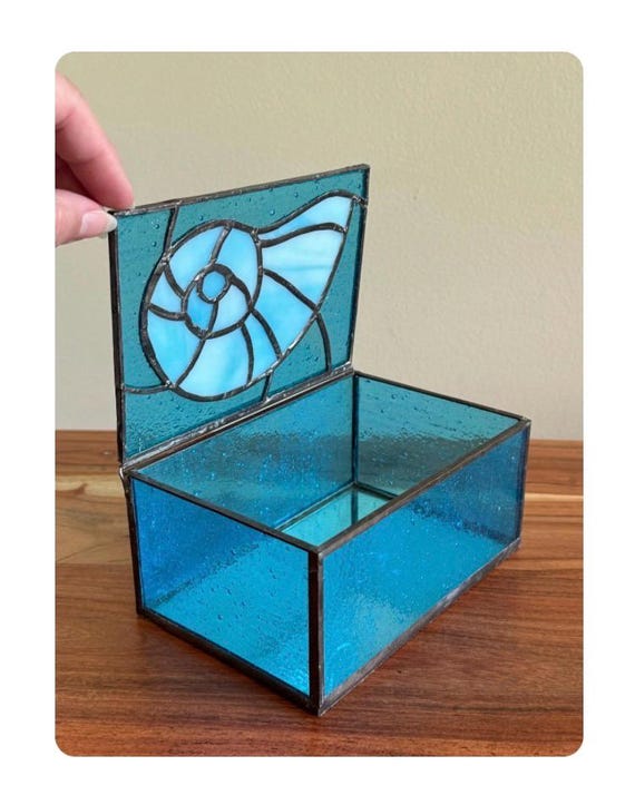Stained Glass Blue Shell Jewelry Box Ocean Beach Coastal Themed Home Decor Treasure Box