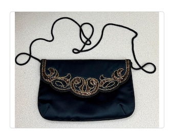 Vintage Style Black Satin & Beaded Handbag Evening Bag Purse