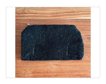 Vintage Black Beaded Clutch with Handle Evening Bag Purse