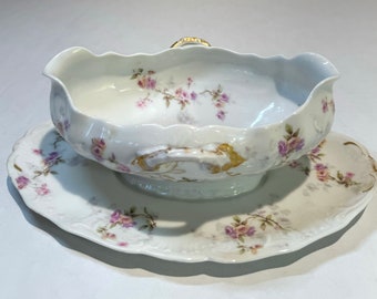 Vintage Gravy Boat Theodore Haviland Limoges Made in France Pink & Purple Flowers Tea Party