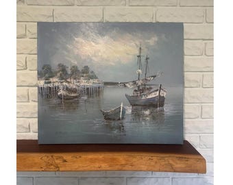 Vintage Original Oil Painting Sailboat Seascape Harbor Nautical Lake House Home Decor Beach House Decor Signed by Artist Oil on Canvas