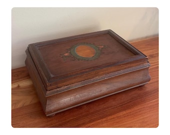Vintage Wooden Decorative Jewelry Box with Mirror Primitive Treasure Chest