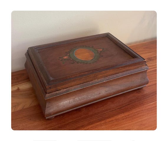 Vintage Wooden Decorative Jewelry Box with Mirror Primitive Treasure Chest