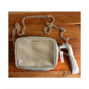 New with Tag Vintage Victoria Secret Metallic Silver Shoulder Bag Crossbody Faux Snakeskin Gold Chain Strap NWT