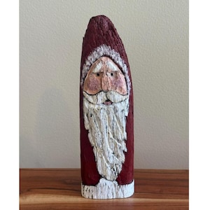 Vintage Christmas Santa Claus Hand Painted Driftwood Wooden Handmade Holiday Collectible Figure Winter Decor Signed by Artist 1990