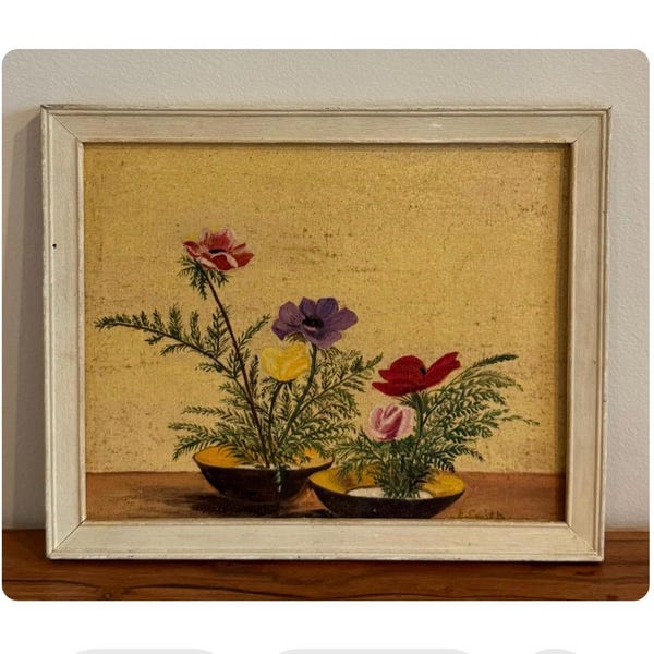 Vintage Framed Original Painting Signed Floral Poppies Still Life Artwork Wall Hanging Country Cottage Mid Century