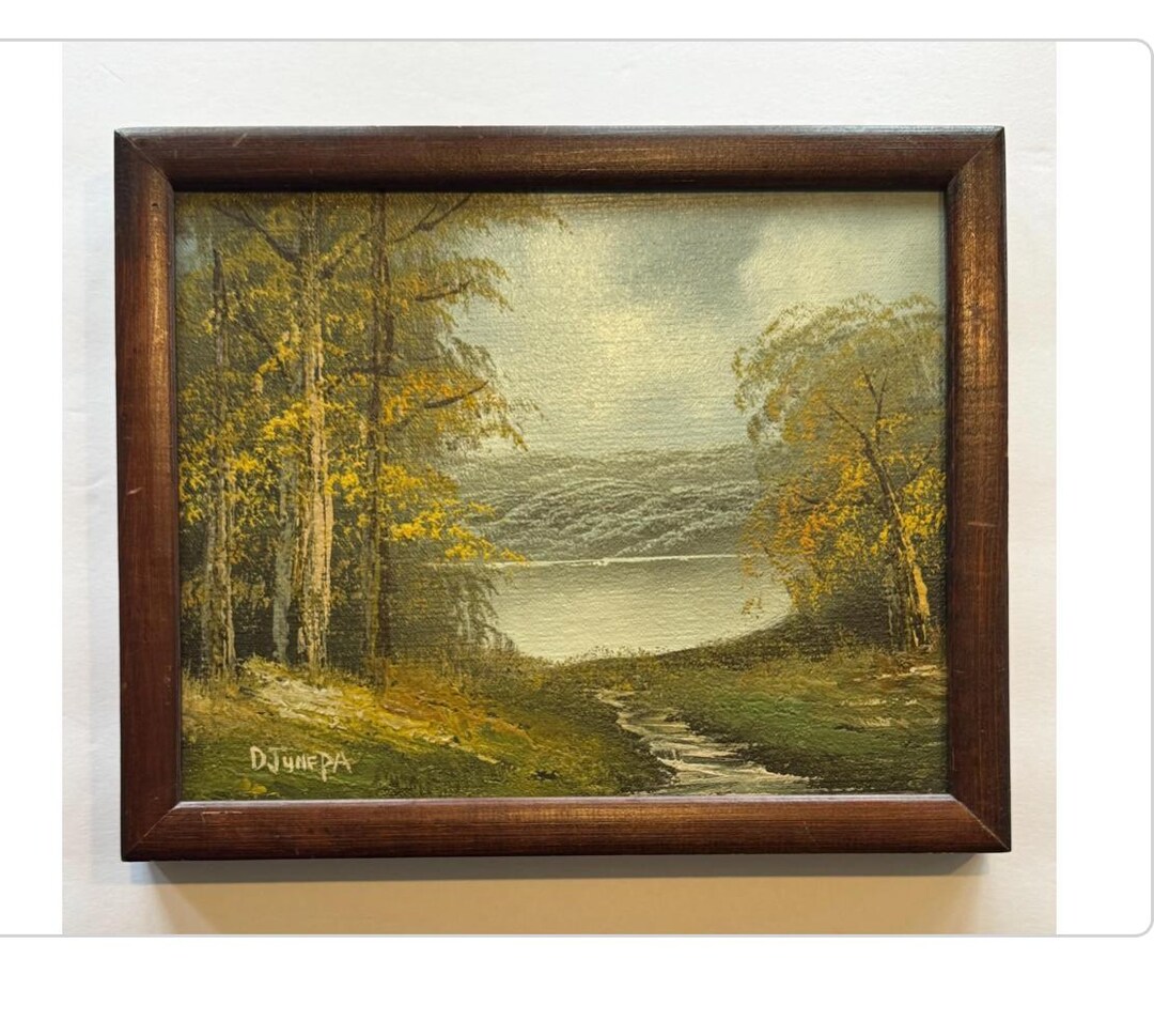 Vintage Original Oil Painting on Canvas Landscape Country Lake and ...