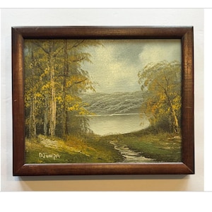 Vintage Original Oil Painting on Canvas Landscape Country Lake and Mountain Scene Framed Signed Artwork Wall Hanging Farmhouse Home Decor
