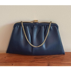 Vintage Navy Blue Leather Clutch Purse Bag with Gold Chain Strap Special Occasion Wedding Prom