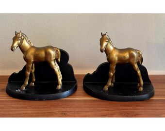 Pair of Vintage Gold Brass Like Metal Horse Bookends Equestrian Home Decor