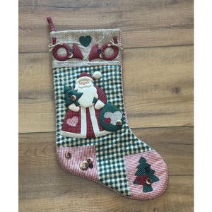 Vintage Christmas Stocking Quilted with Santa Claus Antique Holiday Cottage Home Decor Xmas Seasonal Decoration