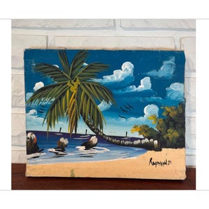 Vintage Original Oil Painting Ocean Beach Artwork Palm Tree Beach House Home Decor